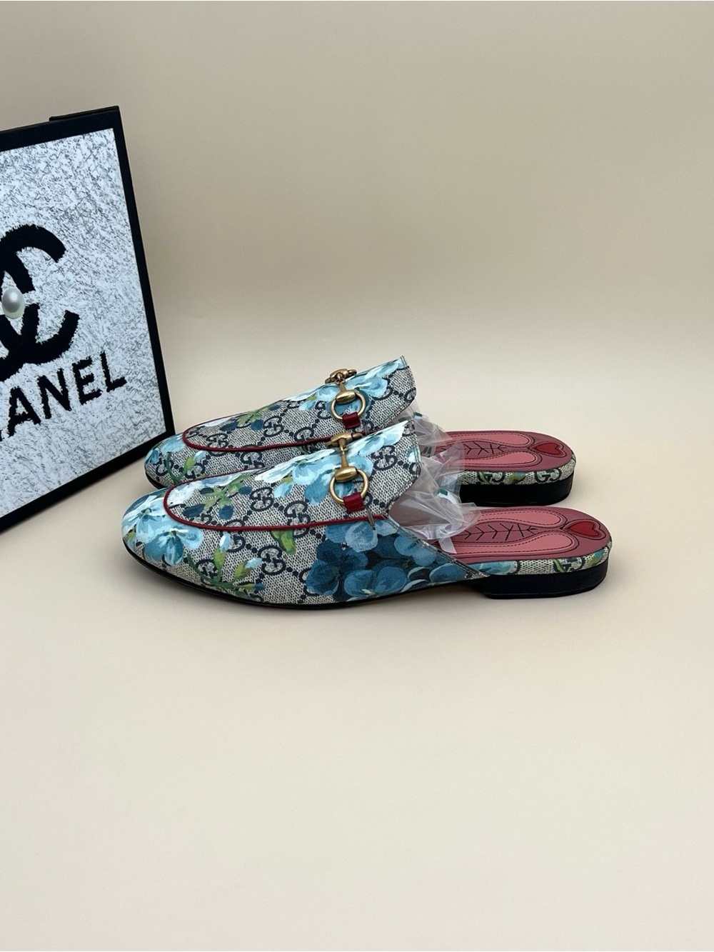 Gucci Blue Floral Horsebit Backless Mules